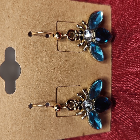 Hand Crafted Jewelry - “Queen Bee” Turquoise/White Crystal Bees 14kt Gold Hook Earrings 1" Length